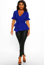 Cobalt Blue Wrap Front Peplum Top Outfit - Full Length View