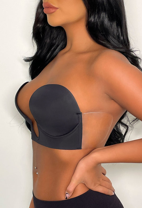 Ultimate Push Up Deep Plunge Black Backless Stick On Side Panel Bra