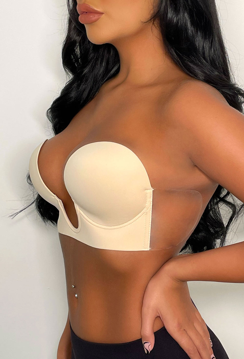Ultimate Push Up Deep Plunge Nude Backless Stick On Side Panel Bra - A