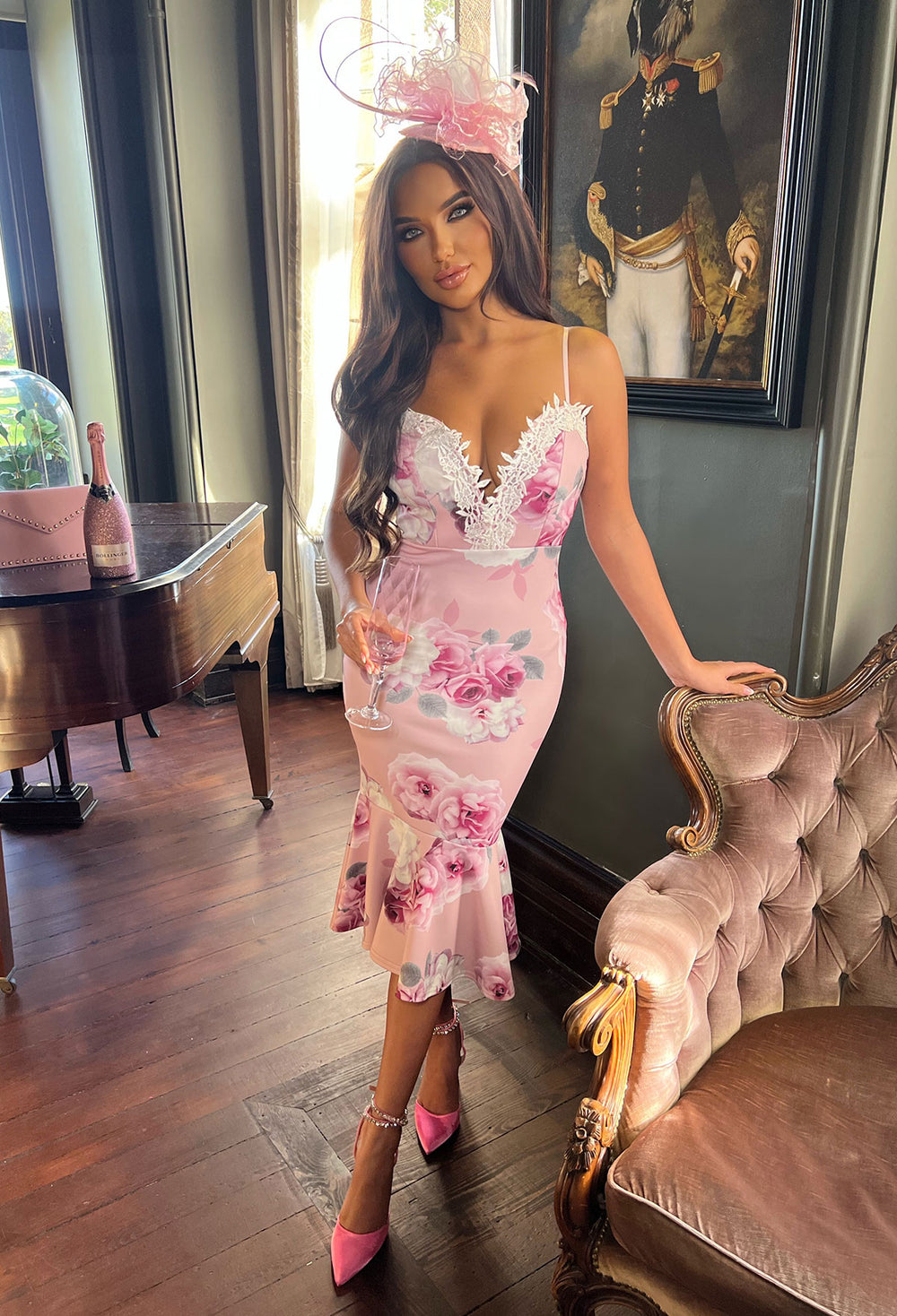 Wrapped In Love Pink Floral Lace Trim Midi Dress