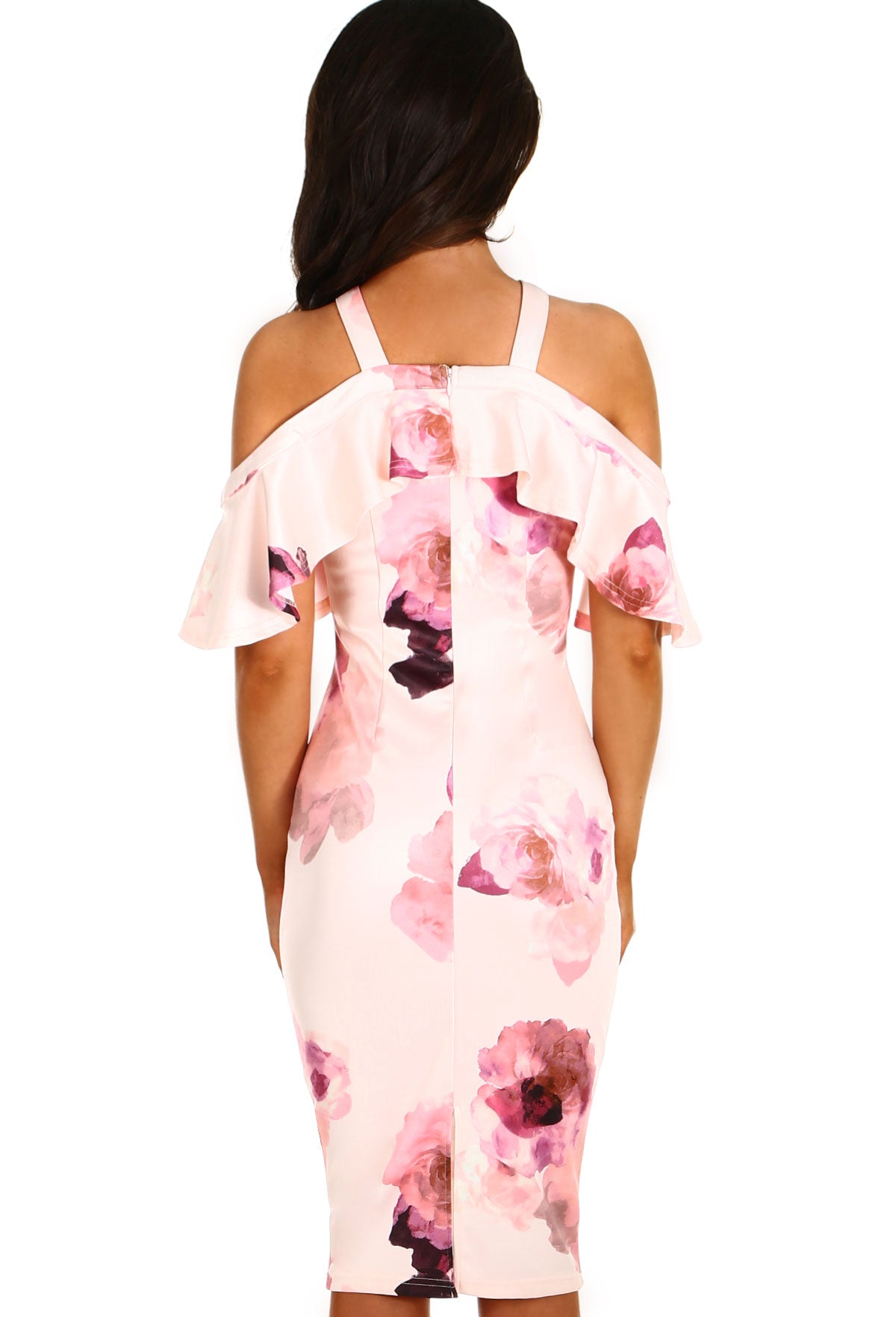 Lifetime Love Pink Floral Frill Cold Shoulder Midi Dress